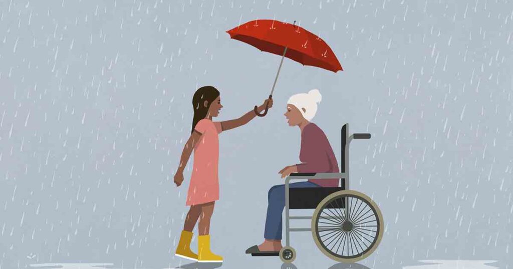 child holding a red umbrella over older lady's head. Showing kindness and love to another.