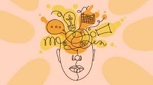 image of cartoon line drawing with drawings of messages, ideas, and other scribbles exploding from a line drawn head.