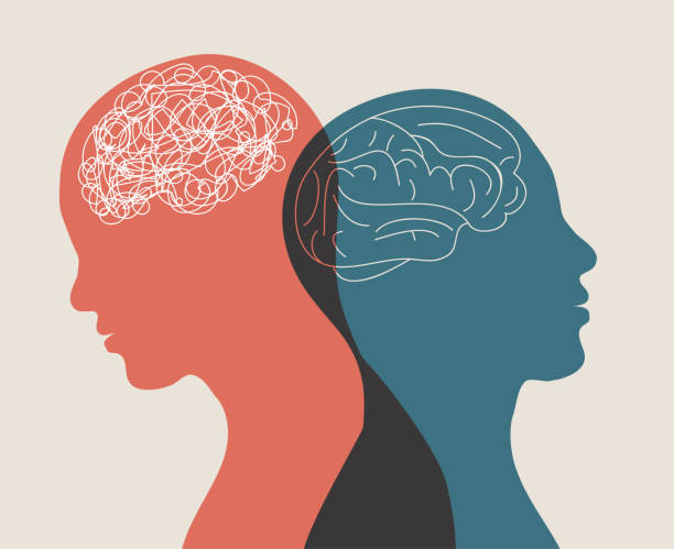 vector image of 2 bodies facing away from eachother, one with a busy, scribble brain and one with a clear brain