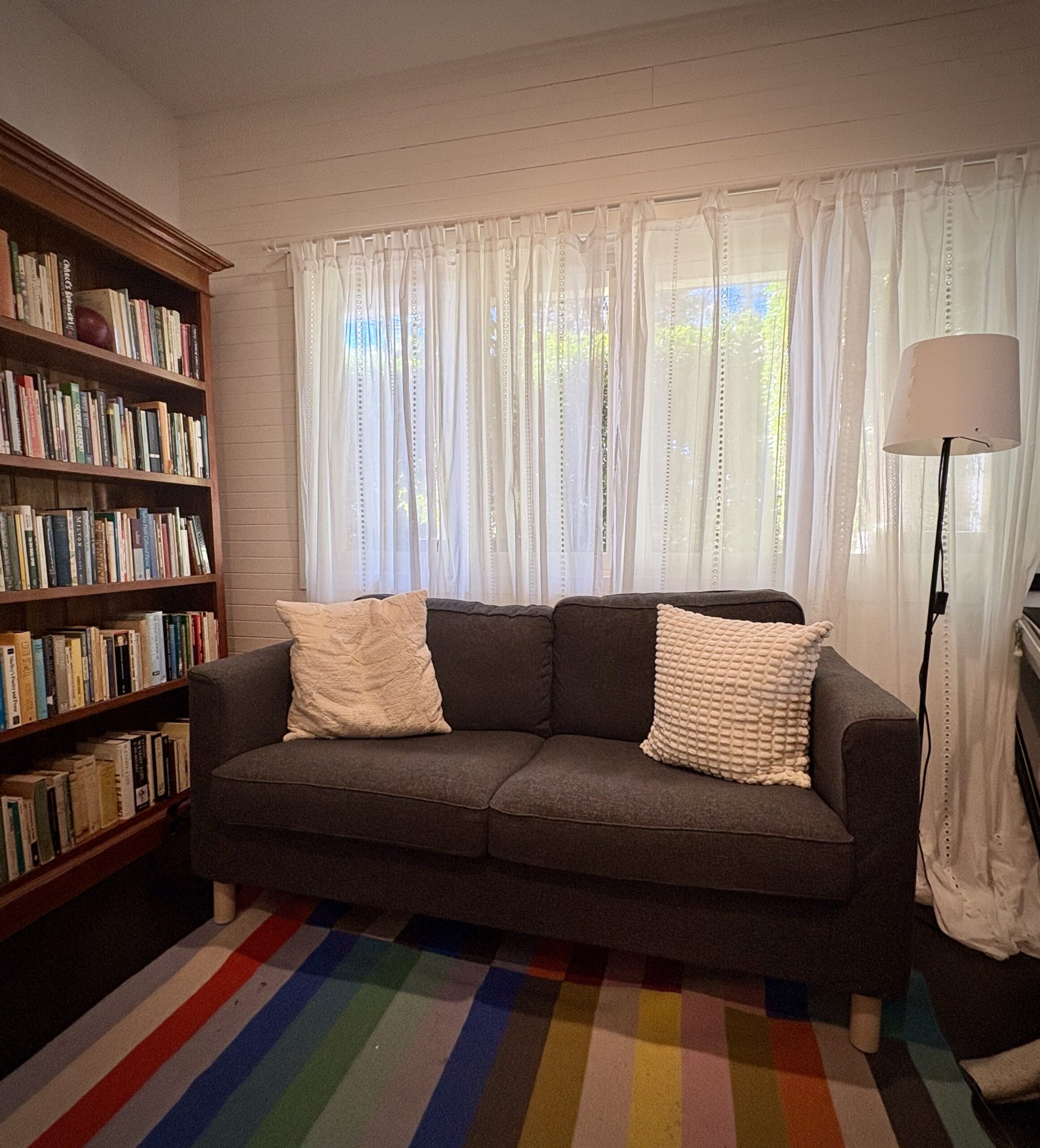 A picture of Dr Amelia Haines therapy space, with a cozy couch, colourful carpet, book case and nature outside the window.
