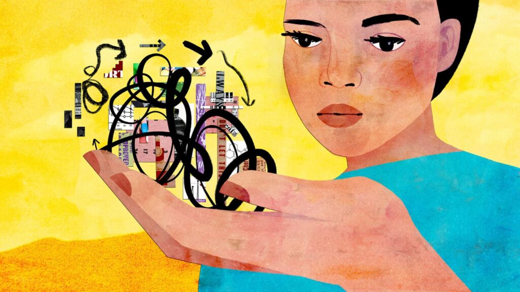 artwork of a person holding a scribble of art symbolising addiction struggle.