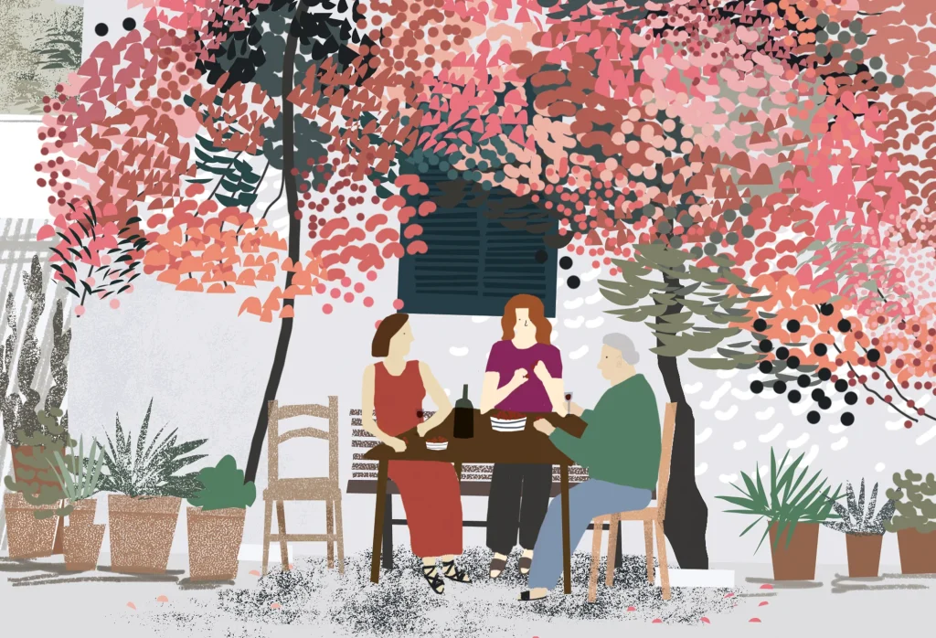 illustration of women sitting around a table sharing a drink. To illustrate the importance of humour and social connection.
